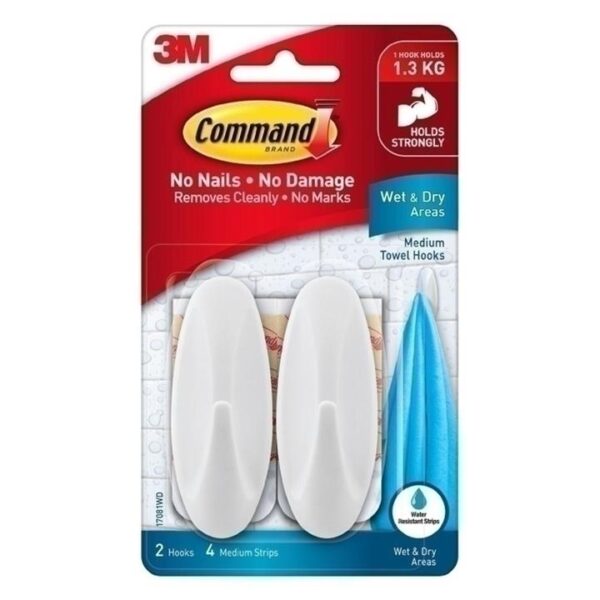 Command 17081WD Medium Wet Area Towel Hooks 2-Pack – Box of 6