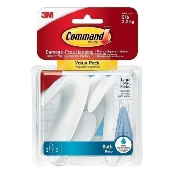 Command BATH17-3ES Large Towel Hooks Value 3-Pack – Box of 6