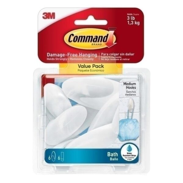 Command BATH18-6ES Medium Bath Hooks Value 3-Pack – Box of 6