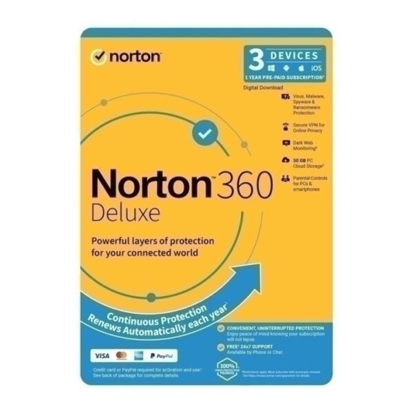 Norton 360 Deluxe Protection – 1 User 3 Devices 1 Year Sub