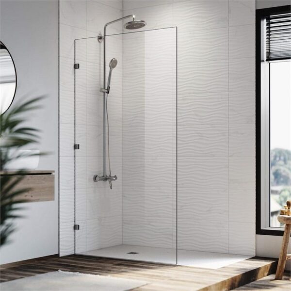 Elegant Showers Walk In Shower Frameless Screen Hinged Black Hardware 10mm Toughened Glass