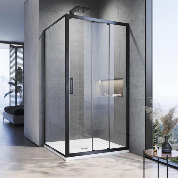 Black 3 Panel Sliding Door with Side panel Shower Enclosure